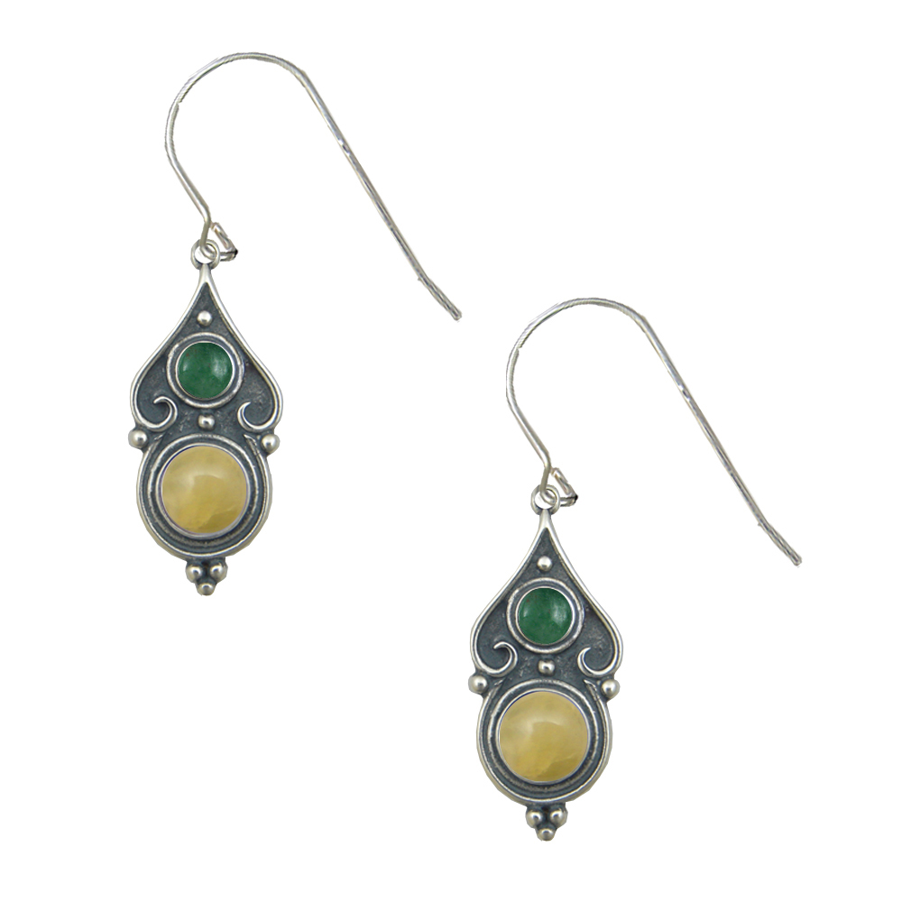 Sterling Silver Designer Post Stud Earrings With Yellow Jade And Jade
